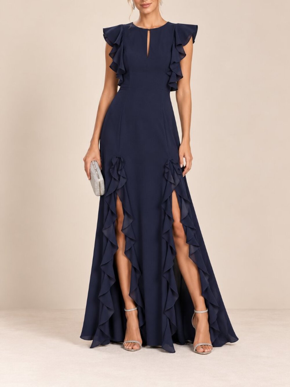 Sachin & Babi Noir Navy Blue RUFFLED Illiana Evening Gown Dress Sz 10 NWT